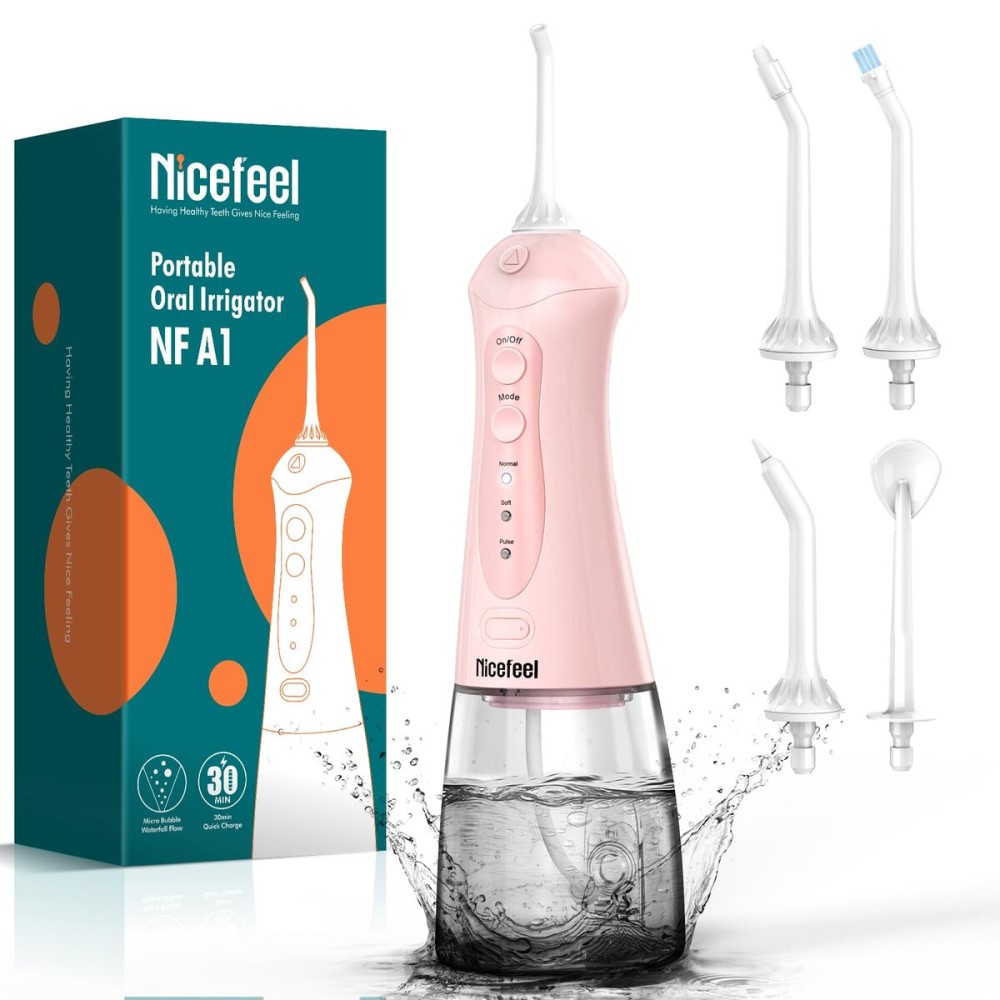 Nicefeel Water Dental Flosser Teeth Pick - Fast Charge Cordless Teeth Cleaner, 3 Modes Portable Oral Irrigator, IPX7 Waterproof Electric Water Dental Flosser for Tonsil Stone, 300ML Tank