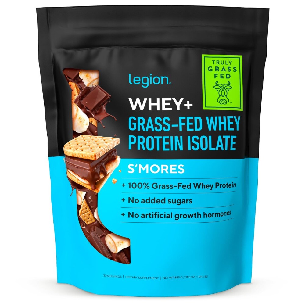 LEGION Whey+ Whey Isolate Protein Powder from Grass Fed Cows - Low Carb, Low Calorie, Non-GMO, Lactose Free, Gluten Free, Sugar Free, All Natural Whey Protein Isolate, 30 Servings (Smores)
