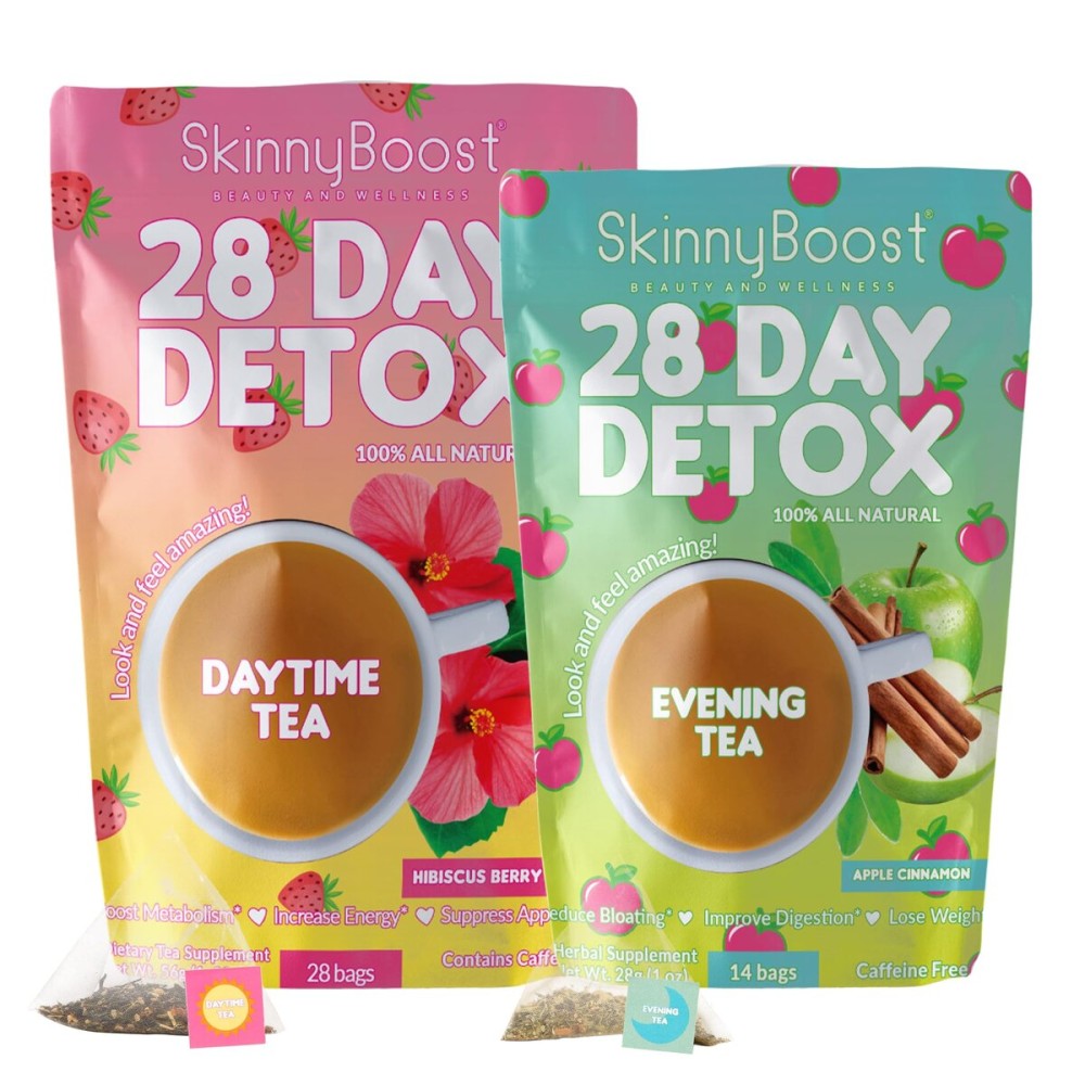 Skinny Boost Detox Tea Kit- 2 PACK -1 Daytime HIBISCUS (28 Bags) + 1 Evening APPLE CINNAMON-(14 Bags) - Herbal Detox for Energy, Bloating & Colon Cleanse - Green Tea, Vegan, Keto, Non-GMO, Sugar-Free
