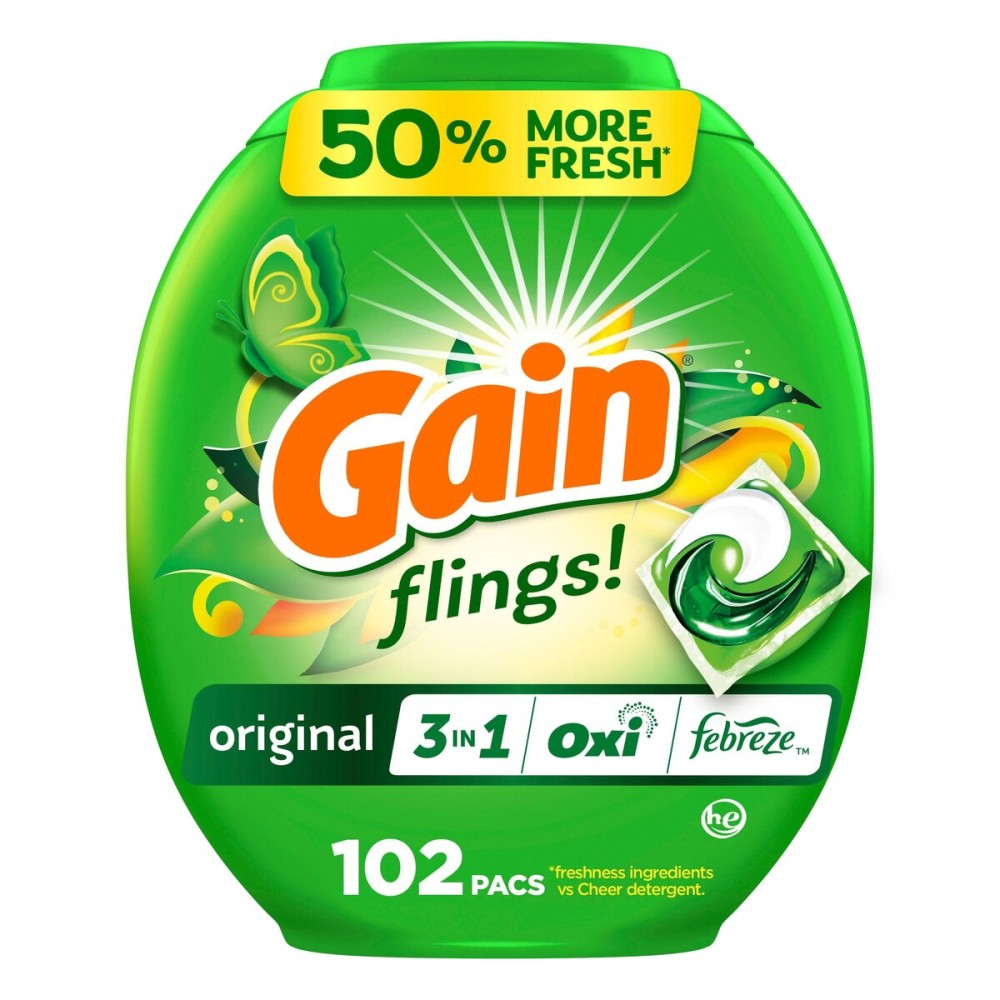 Gain Flings Laundry Detergent Pacs, 102 Count, Original Scent, with Odor Defense, concentrated laundry soap pacs
