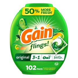 Gain Flings Laundry Detergent Pacs, 102 Count, Original Scent, with Odor Defense, concentrated laundry soap pacs