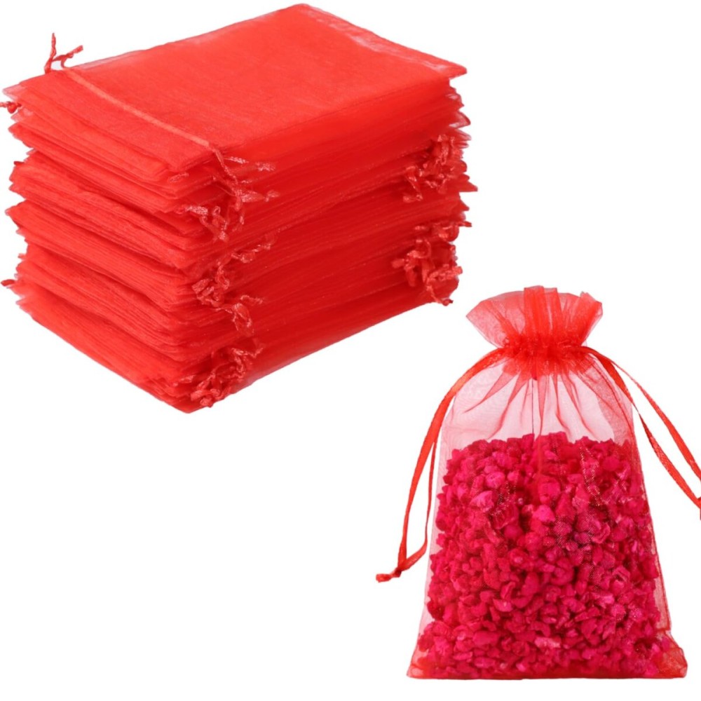 Hopttreely 100pcs Organza Bags, 4 x 4.72 inches Red Christmas Wedding Favors Christmas Gift Drawstring Bags Jewelry Pouches