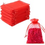 Hopttreely 100pcs Organza Bags, 4 x 4.72 inches Red Christmas Wedding Favors Christmas Gift Drawstring Bags Jewelry Pouches