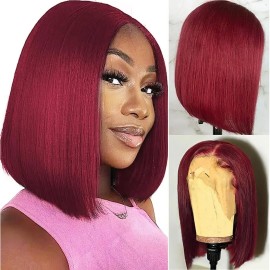 99j Burgundy Lace Front Wigs Human Hair 10 Inch Short Bob Wig Human Hair 13x4 Lace Front Wigs Pre Plucked 180% Density Straight Bob Wig Natural Hairline Wine Red Wigs for Black Women