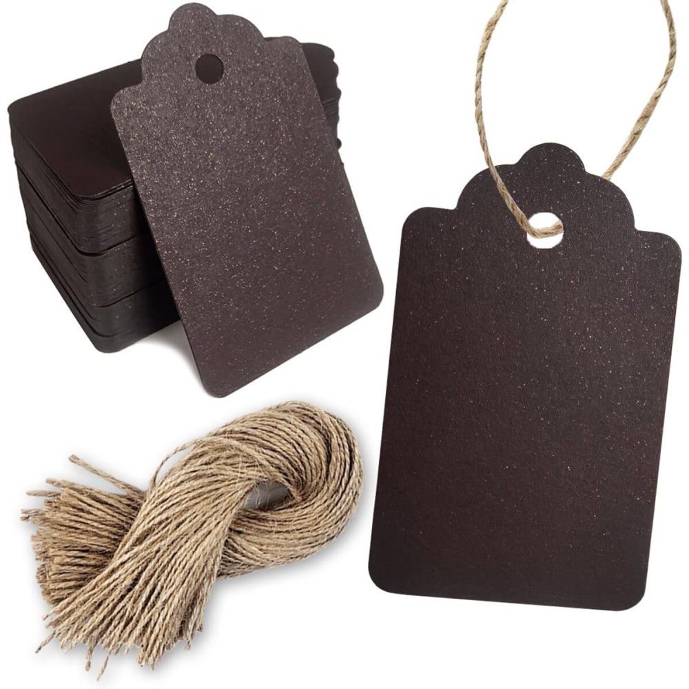 PH PERKHOMY 180 Pcs Glitter Brown Paper Gift Tags with String, Blank Price Tags for Gifts Crafts Wedding Christmas, Glitter Black