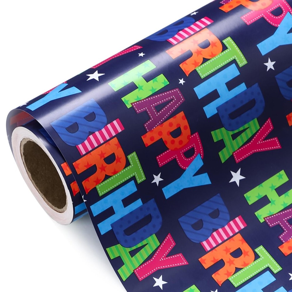 WRAPAHOLIC Birthday Wrapping Paper - Mini Roll - 17 Inch X 33 Feet - Blue Happy Bday Wrapping Paper for Kids Boys Adult Birthday, Baby Shower, Wedding