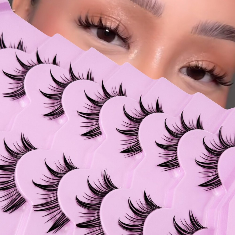 Fairy Lashes Manga Lashes Yasnai Clear Band False Eyelashes Wispy Lashes Fake Lashes Natural Look Eyelashes Wet-Look Spiky Anime Strip Lashes 7 Pairs Pack