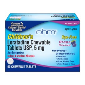Ohm Children\'s Allergy Medicine, Loratadine 5mg, Chewable Tablets (60 Count) Grape Flavor, Non-Drowsy Antihistamine, 24-Hour Allergy Relief for Runny Nose, Watery Eyes, Itchy Throat & Nose