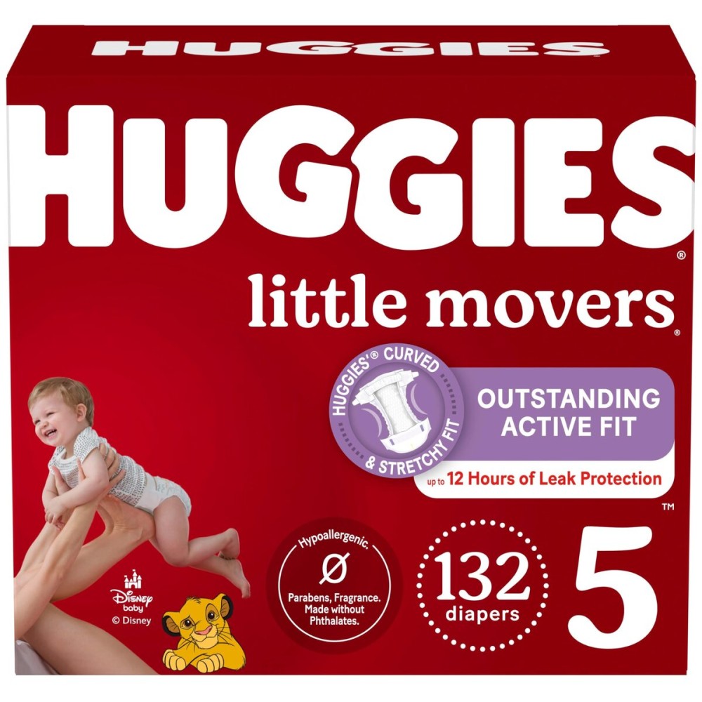 Huggies Size 5 Diapers, Little Movers Baby Diapers, Size 5 (27+ lbs), 132 Count (2 Packs of 66), Packaging May Vary