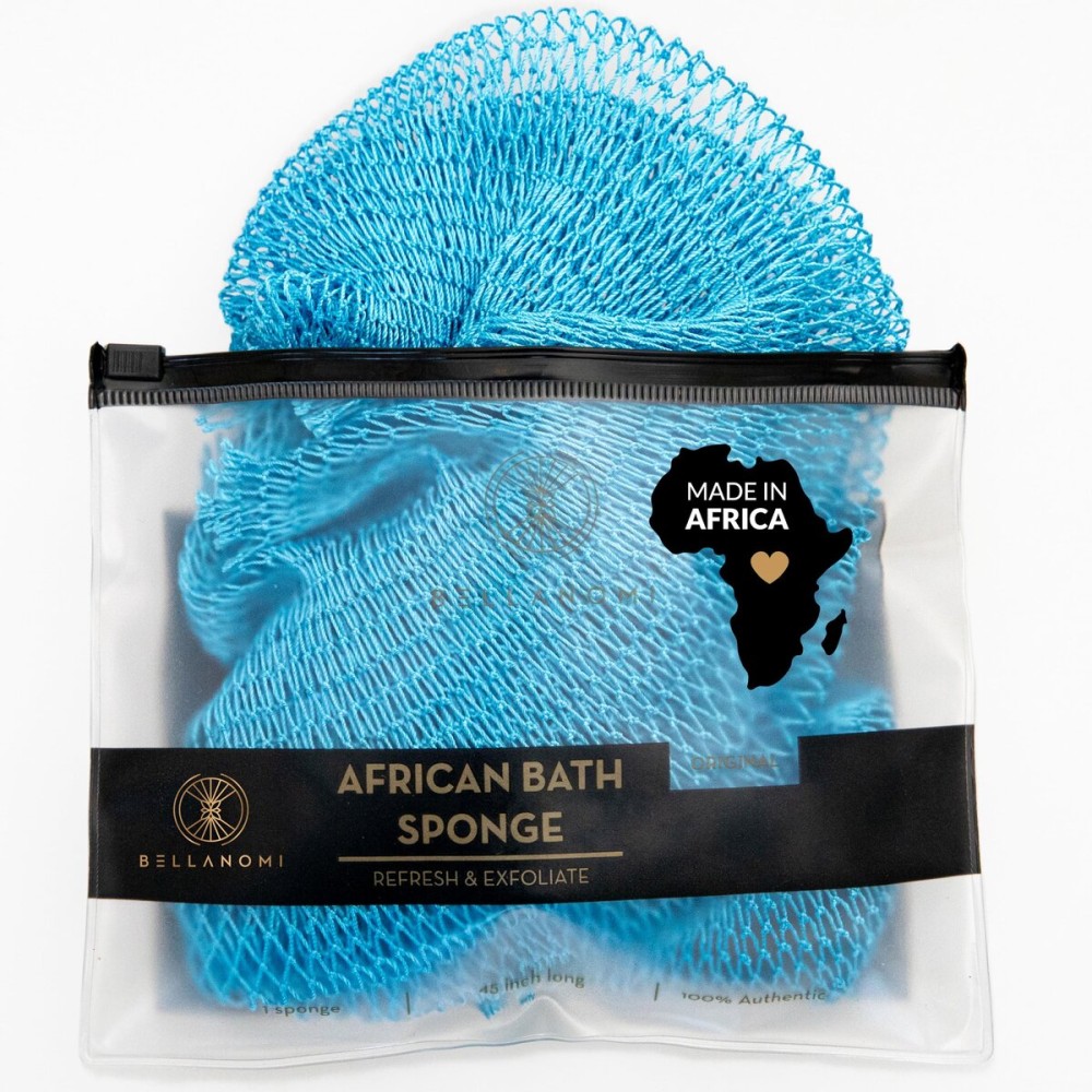 BELLANOMI African Exfoliating Net Sponge, Authentic, Ethically sourced from Nigeria, 45 inches Long, Back Scrubber for Daily use (Baby Blue)