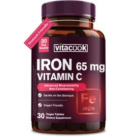 Iron Supplement for Women Men, High Potency Iron 65mg with Vitamin C 250mg, Slow Release Stomach Friendly Iron Pills, Non-GMO, No Gluten, 30 Vegan Tablets