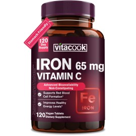 Vitacook Iron Supplement for Women Men, High Potency Iron 65mg with Vitamin C 250mg, Stomach Friendly Iron Pills for Red Blood Cell & Immune Support, Non-GMO & Gluten Free,120 Vegan Tablets