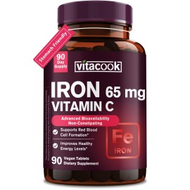 Vitacook Iron Supplement for Women Men | High Potency Iron 65mg with Vitamin C 250mg | Stomach Friendly Iron Pills for Red Blood Cell & Immune Support | Vegan, Non-GMO & Gluten Free | 90 Tablets