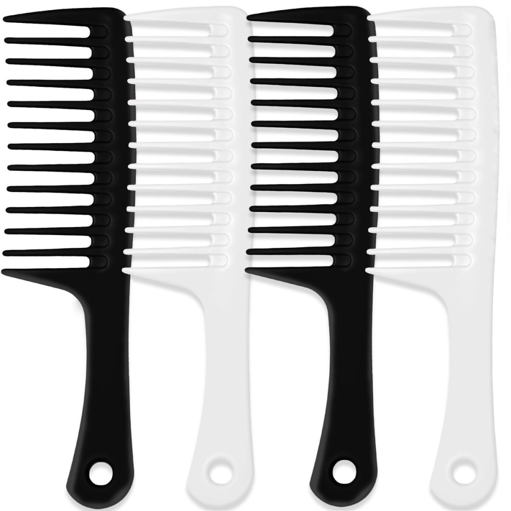 4PCS Wide Tooth Comb, Professional Women Hair Care Styling Handgrip Combs for Curly, Wet, Long Hairs (Black & White)