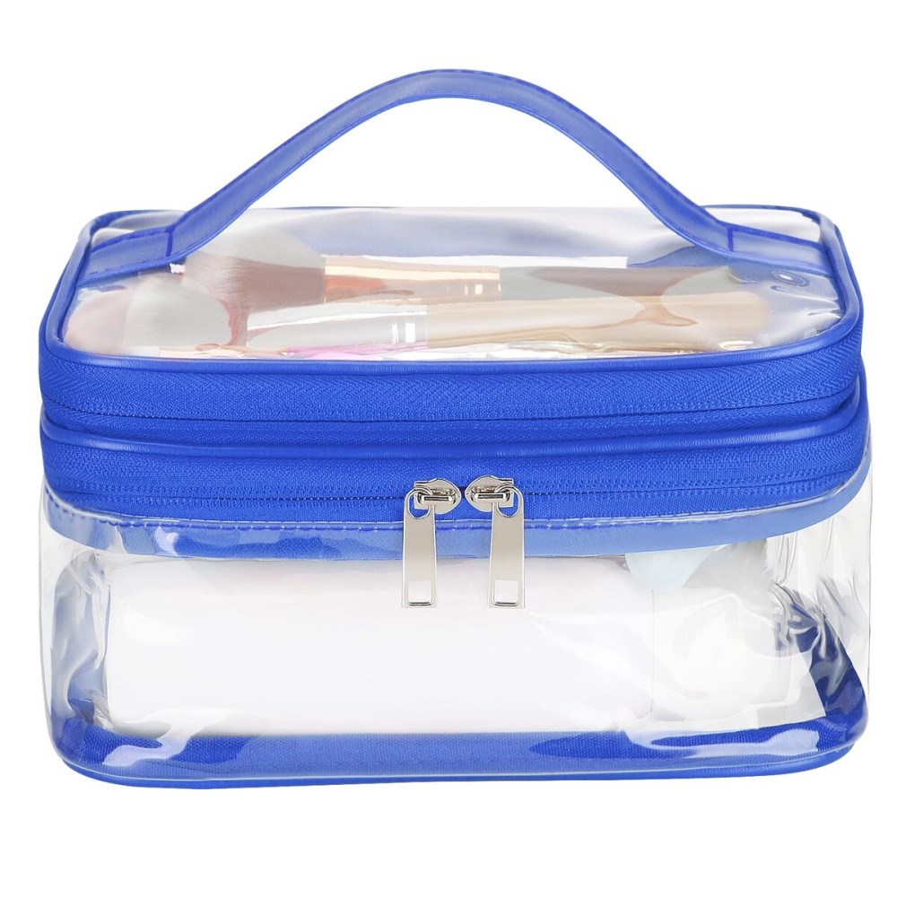 HAOGUAGUA Double Layer Clear Cosmetic Bag Makeup Bag, Waterproof Travel Toiletry Bag, Transparent PVC Pouch Organizer (Blue)