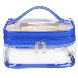 HAOGUAGUA Double Layer Clear Cosmetic Bag Makeup Bag, Waterproof Travel Toiletry Bag, Transparent PVC Pouch Organizer (Blue)