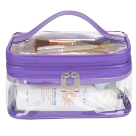 HAOGUAGUA Double Layer Clear Cosmetic Bag Makeup Bag, Waterproof Travel Toiletry Bag, Transparent PVC Pouch Organizer (Purple)