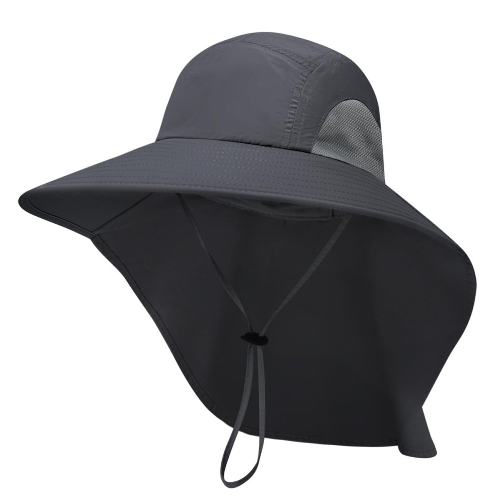 PFFY Sun Bucket Hats for Men Women 3 Wide Brim UPF 50+ Fishing & Beach Hat with Neck Flap Solid Darkgray
