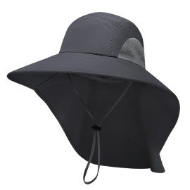 PFFY Sun Bucket Hats for Men Women 3 Wide Brim UPF 50+ Fishing & Beach Hat with Neck Flap Solid Darkgray