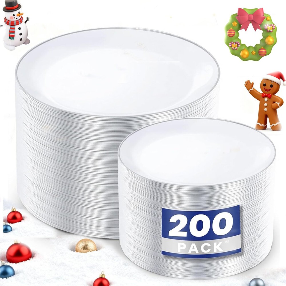 KIRE 200PCS Silver Plastic Plates - White Plastic Plates with Silver Rim Include 100 Dinner Plate and 100 for Dessert/Salad Plate for Birthday/Wedding/Party for Christmas