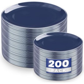 KIRE 200PCS Blue Plastic Plates with Silver Rim - Navy Blue Plastic Plates Include 100 Dinner & Dessert Plate - Heavy Duty Dark Blue Disposable Plate for Hanukkah/Parties/Wedding