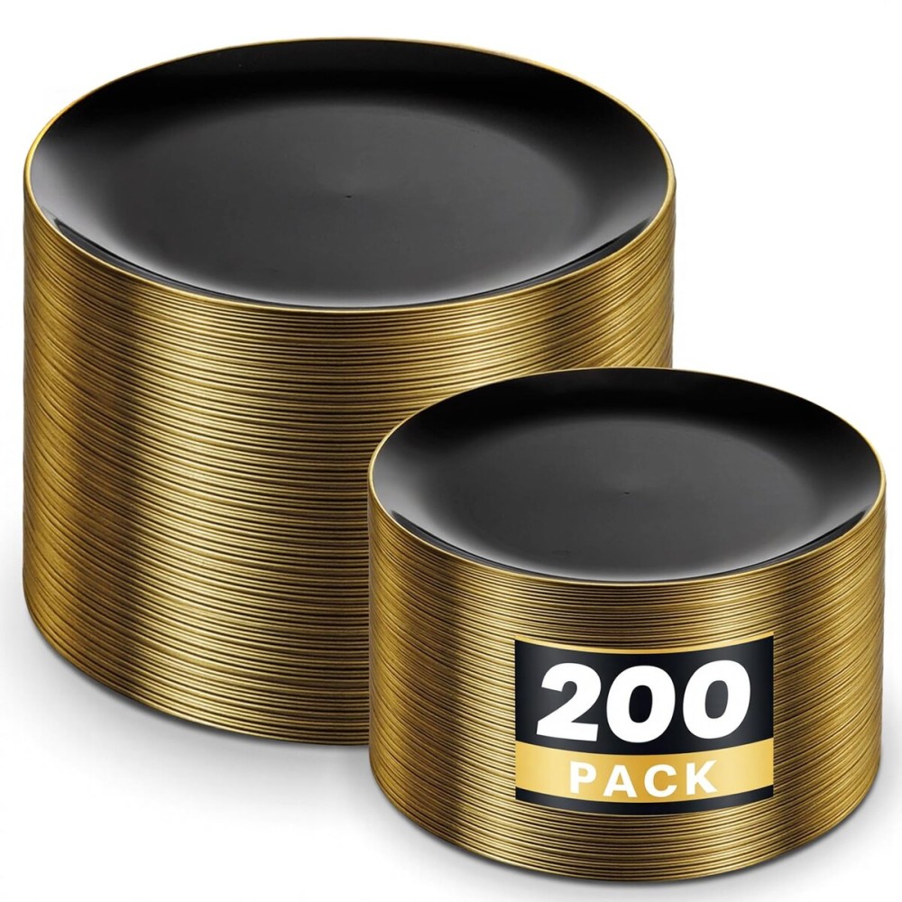 KIRE 200Pcs Black Plastic Plates - Black and Gold Plates Disposable for Party - Include 100 for Dinner and 100 for Dessert for Birthday/Wedding/New Year