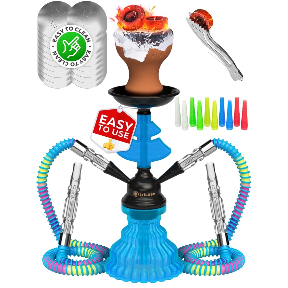 Royal Blue Hookah Set 2 Hose Hookah - LilOne 12 Blue Mini Hookah - Hookah Set with 50x Foil Hookah Bowl 10x Tips 2x Mouthpiece 2x Hooka Hose and Tongs