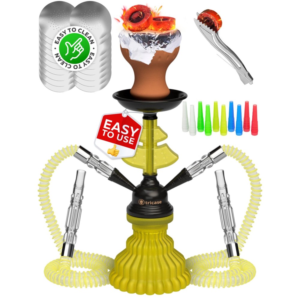 Neon Yellow Hookah Set 2 Hose Hookah - LilOne 12 Neon Yellow Mini Hookah Combo Kit Shisha Hooka Set with Prepunched Foil, Hookas Bowl, Disposable Tips, Mouthpieces, Tongs, Two Pipes - Hookah Machines