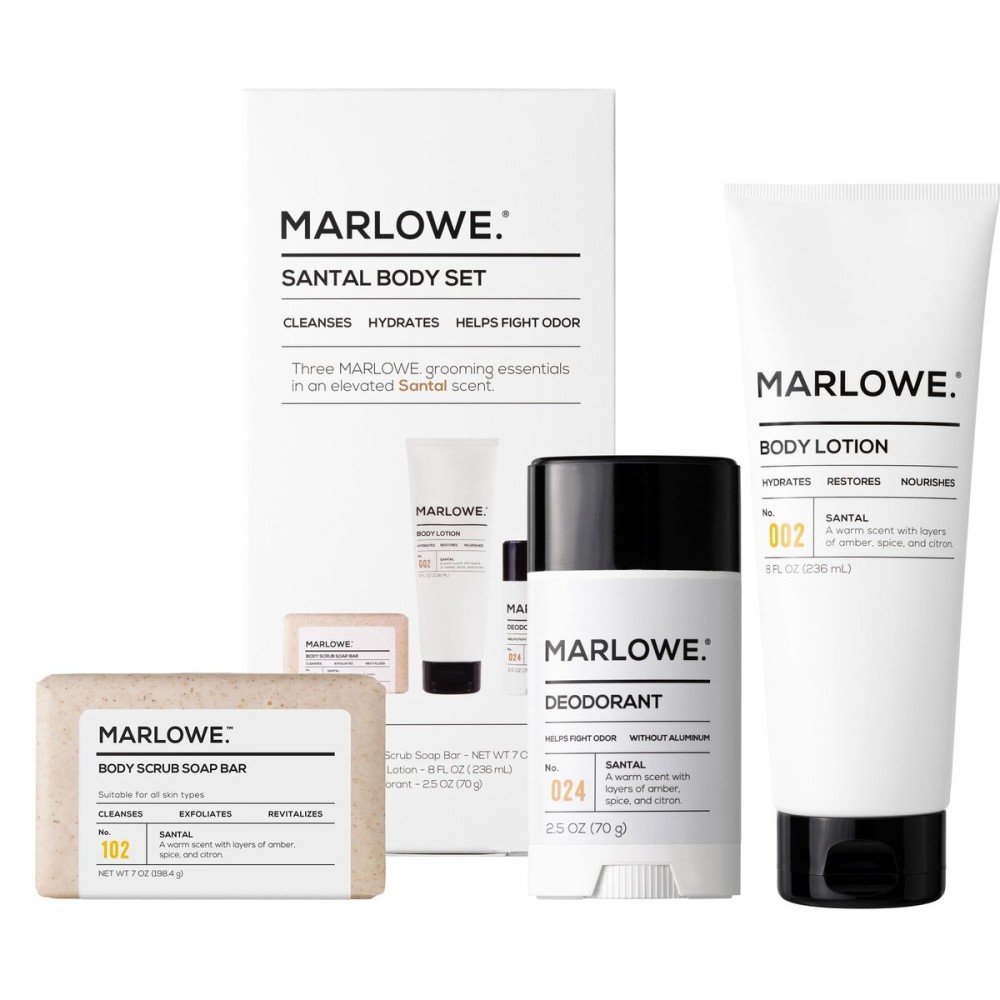MARLOWE. Men\'s Grooming Santal Body Set, Features No. 102 Scrub Soap Bar, No. 024 Deodorant & No. 002 Body Lotion, Warm Amber, Sandalwood & Citron Scent