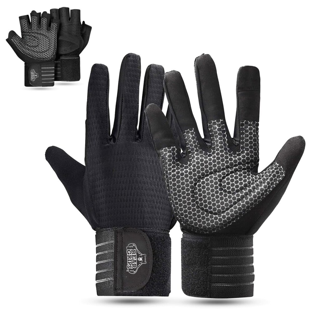 Bear Grips Weight Lifting Armor Gloves for Men & Women | Full Finger Lifting Armor & Workout Gloves (Black-Full Finger, Medium)