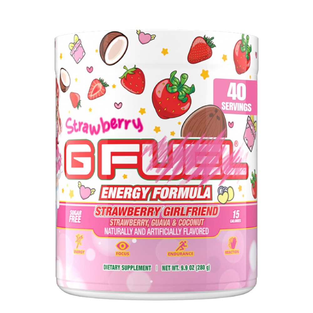 G Fuel Strawberry Girlfriend Energy Drink Powder, Pre Workout Caffeine Mix for Gaming, Sugar Free Focus Amino + Antioxidants, 9.9oz (Strawberry Guava, Coconut, 40 Servings)