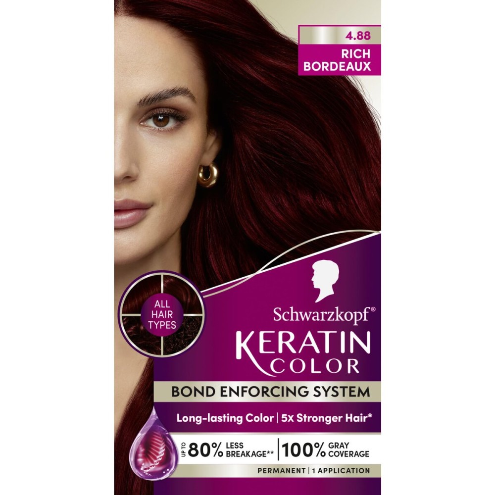 Schwarzkopf Keratin Permanent Hair Dye Cream, 4.8 Rich Bordeaux, Professional Quality Color for Up to 100% Gray Coverage, Bond Enforcing System
