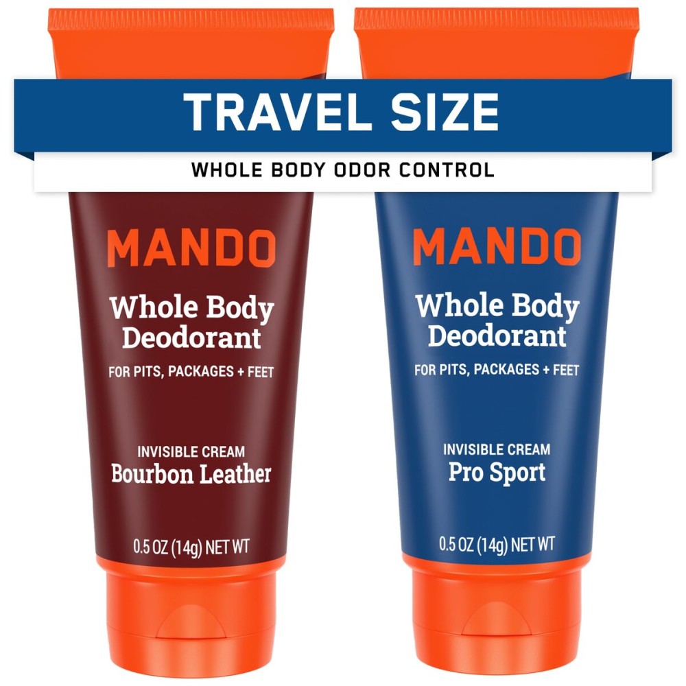 Mando Whole Body Deodorant For Men - XS Travel-Sized Invisible Cream Tube - 72-Hour Odor Control - Aluminum-Free, Baking Soda-Free - 0.5 ounce Tubes (Pack of 2) - Bourbon Leather and Pro Sport Scents