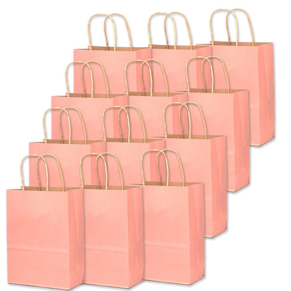 qiqee 32-Packs Bright Pink Paper Gift Bags with Handles Bulk 7.6x4.75x10.5 Medium Size Gift Bags Multiple Uses