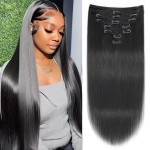 Mihugass Clip in Hair Extensions Real Human Hair For Women Double Weft Brazilian Virgin Hair Extensions EasiContour Straight Clip Ins 8pcs With 18 Clips Clip on Hair(16inch,1B)