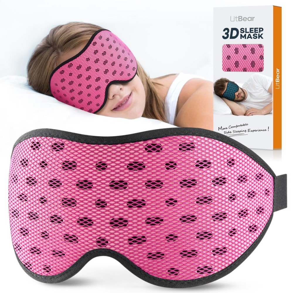 LitBear Breathable Sleep Mask, 3D Eye Mak Sleep for Side Sleepers Women Men, Light Blocking Sleeping Mask with Adjustable Strap, Soft Lightweight Eye Cover for Travel, Night Work, Nap, Office - Pink