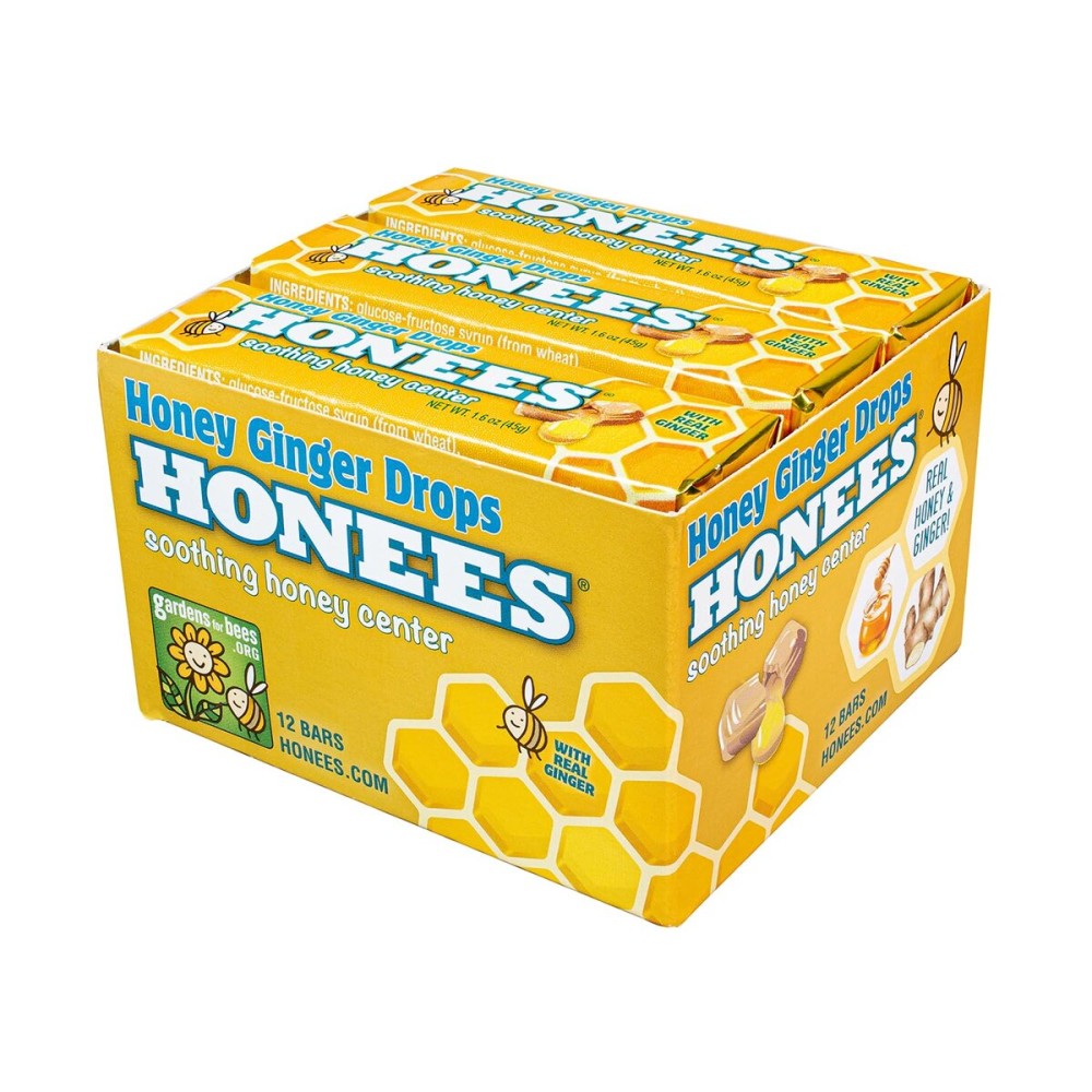 Honees Filled Honey Ginger Drops, Natural Cough Drops- Pure Ginger Sore Throat Relief - Nothing Artificial -Throat Coat Lozenges, Natural Cough Suppressant, Non-GMO(6 Pack - 54 Drops)