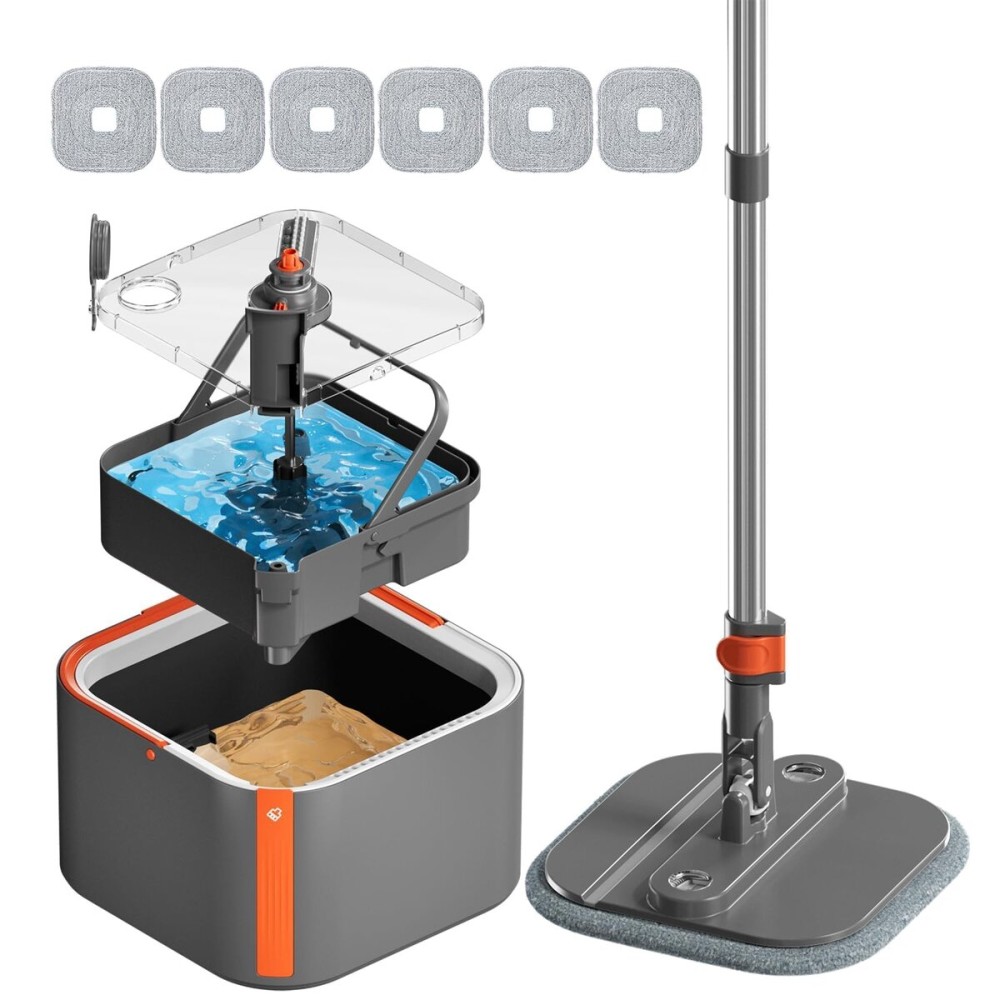 KZKR Upgraded Spin Mop and Bucket Set, Separate Clean and Dirty Water System, 360 Foldable Square Mop Head with Washable Microfibe Mops Pad, Detachable Bucket for Home Floor Cleaning