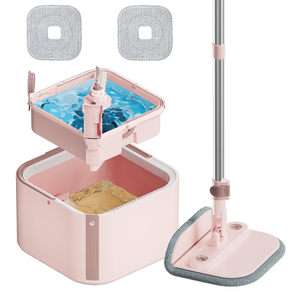 KZKR Square Spin Mop and Bucket Set with Self Separation Dirty and Clean Water System,Self Wringing 360 Rotating Mops Head for Home Floors Cleaning (2.0 mop Bucket Set with 2 Pads)