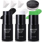 MEICOLY 7Pcs Black White Green Face Body Paint Stick Set with Setting Powder and Sponges,Clown Black White Face Paint,Elphaba Face Paint Makeup,Green Body Paint for Halloween SFX Cosplay Witch Makeup