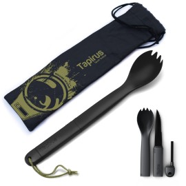 Tapirus Spork Tactical Special Edition Black | BPA Free Spoon Fork, Stainless Steel Knife and Fire Starter | 3 in 1 multipurpose utensil | Outdoor hiking, camping & backpacking gear | Fit for MRE