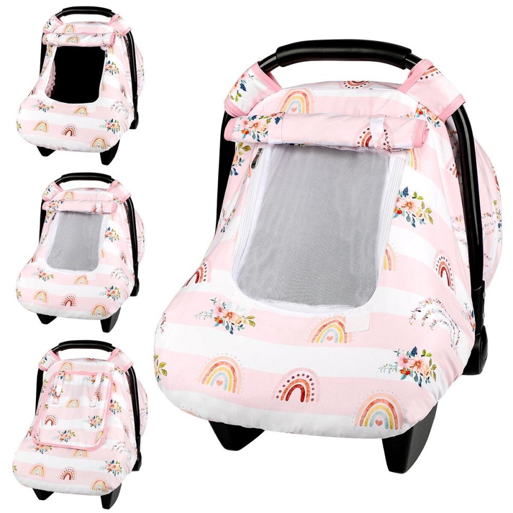 Pea Pod Car Seat Cover Baby, Infant Car Seat Canopy Covers for Newborn with 2 Layers Windows of Breathable Mesh Fabric, Lightweight Polyester/Soft Minky Dot Backing (Floral & Rainbow)