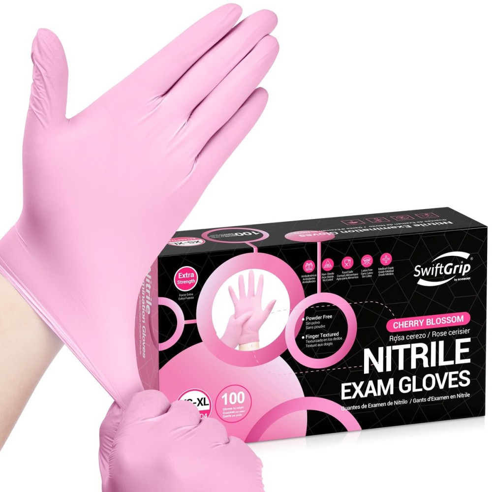 SwiftGrip Nitrile Exam Gloves, 4 Mil, Large, Cherry Blossom, Food Safe Gloves Disposable Latex Free, Powder Free for Cleaning Supplies, Esthetician, Hair Dye, Tattoo Supplies (Box of 100)