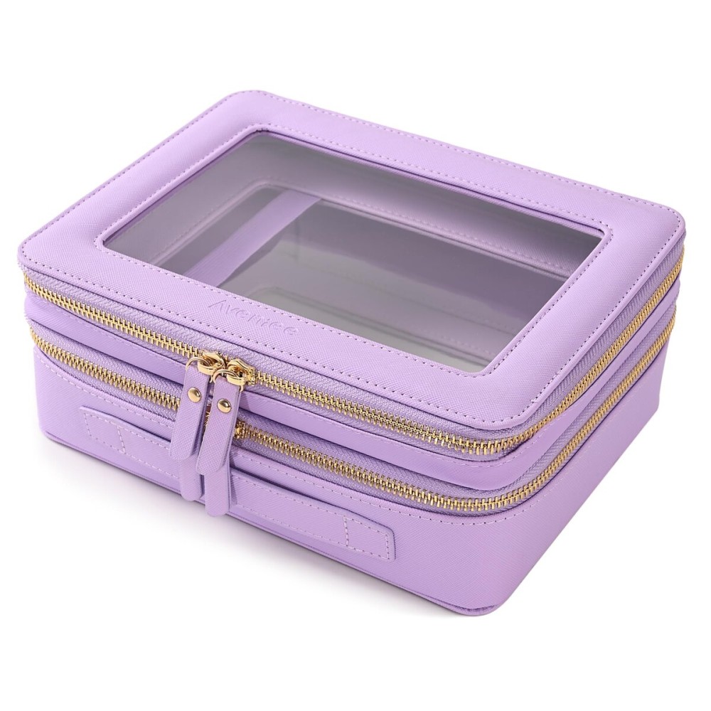 Aveniee Clear Makeup Bags, Double Layer Cosmetic Bags with a Separate Brush Compartment, Large Travel Toiletry Bag Train Case for Women, Travel Accessories Organizer.2 Layers Large, Lilac