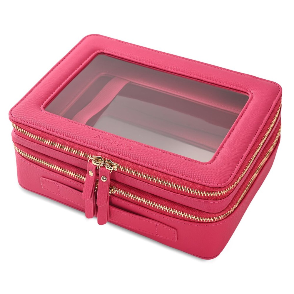Aveniee XL Clear Makeup Organizer,Double Layer Travel Cosmetic Case with Brush Holder & Zippered Compartments,Big Toiletry Bag for Travel Accessories,2 Layers Large,Hotpink