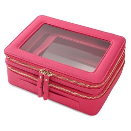 Aveniee XL Clear Makeup Organizer,Double Layer Travel Cosmetic Case with Brush Holder & Zippered Compartments,Big Toiletry Bag for Travel Accessories,2 Layers Large,Hotpink