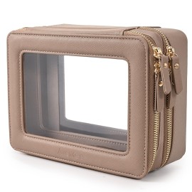 Aveniee Large Clear Makeup Bags, Double Layer Cosmetic Bags with Separate Brush Compartment,Travel Toiletry Bag Train Case,Travel Accessories Organizer for Women,2 Layers,Brown