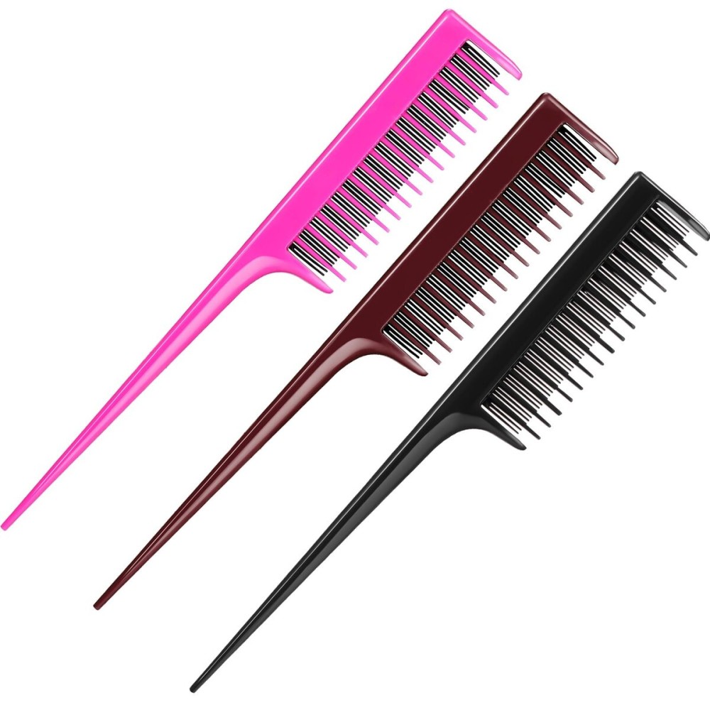 Leinuosen 3 Pcs Triple Teasing Comb for Women Plastic Rat Tail Comb Heat Resistant Pintail Tease Layer Tool for Thick Fine Hair Styling Backcombing Volume Structure(Black, Pink and Brown)