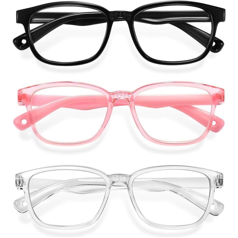 Okany Blue Light Glasses for Kids 3 Pack Anti Glare & Eye Strain Glasses Computer TV Phone Tablets UV Protection Glasses for Kids Boys Girls Age 3-12(Black + Transparent + Pink)
