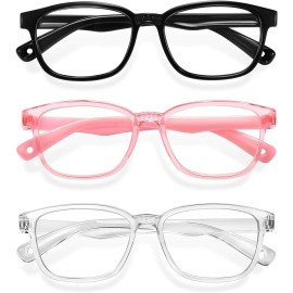 Okany Blue Light Glasses for Kids 3 Pack Anti Glare & Eye Strain Glasses Computer TV Phone Tablets UV Protection Glasses for Kids Boys Girls Age 3-12(Black + Transparent + Pink)
